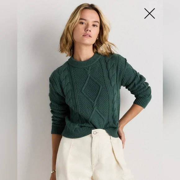 ✅ Quince 100% Organic Cotton Cropped Cable Knit Crew Sweater, Big Sur (XS) - Picture 4 of 16